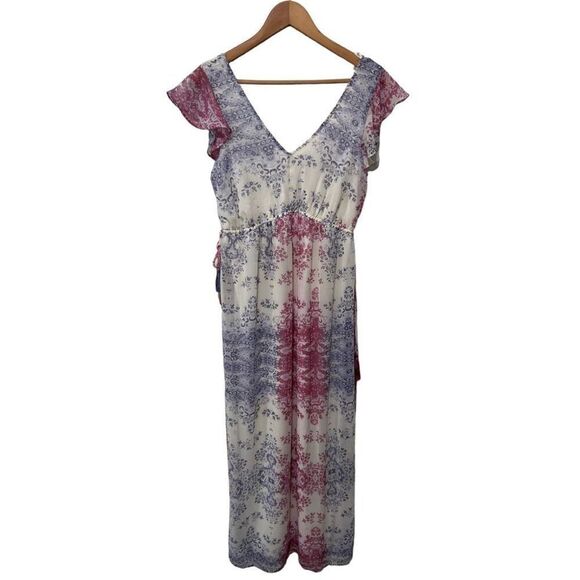 Knox Rose Chiffon Multicolored V-Neck Midi Dress Ruffle Tassel Boho Size Small - Picture 2 of 15